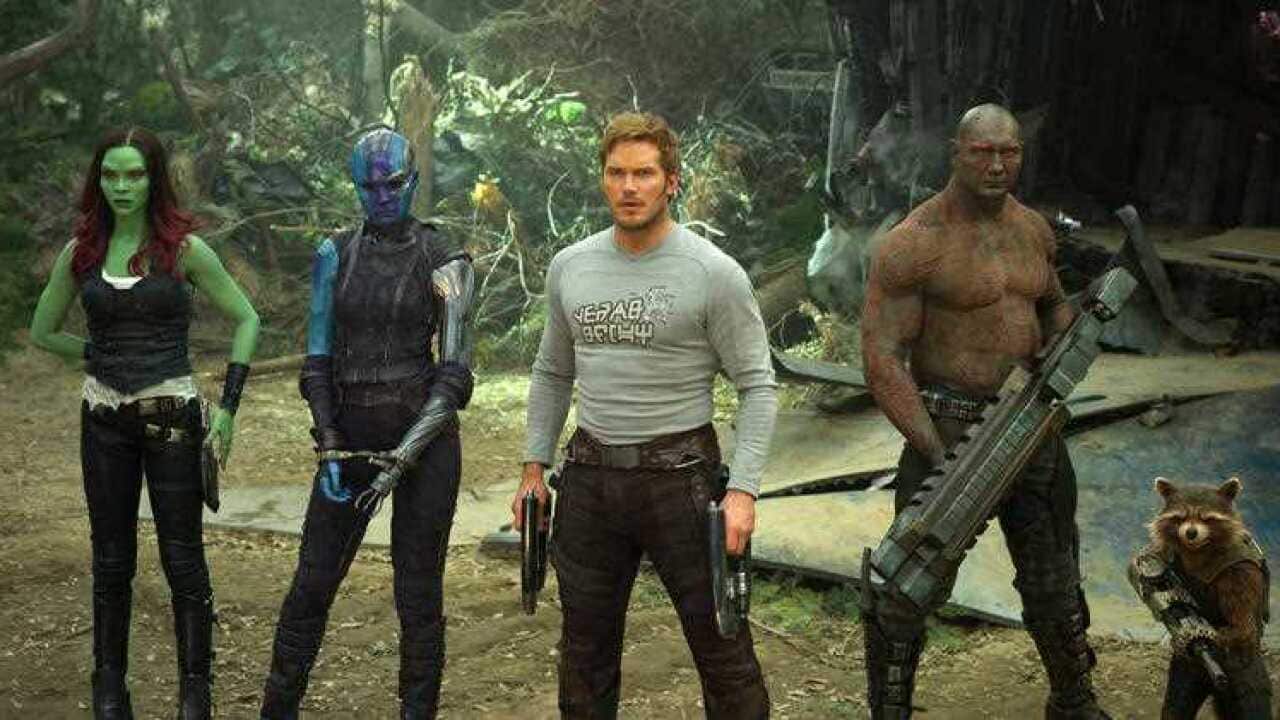 Zoe Saldana, from left, Karen Gillan, Chris Pratt, Dave Bautista and Rocket, voiced by Bradley Cooper, in a scene from, "Guardians Of The Galaxy Vol. 2."