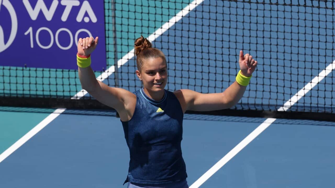 Maria Sakkari of Greece waves to the crowd after her match against Naomi Osaka of Japan (not pictured) in a women's singles quarterfinal in the Miami Open at Hard Rock Stadium.