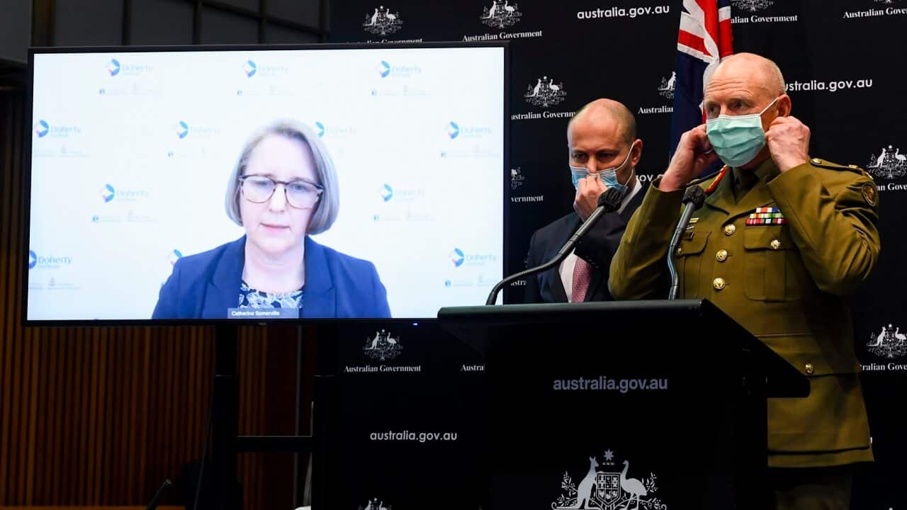(L-R) Professor Jodie McVernon, Treasurer Josh Frydenberg and Lieutenant General John Frewen
