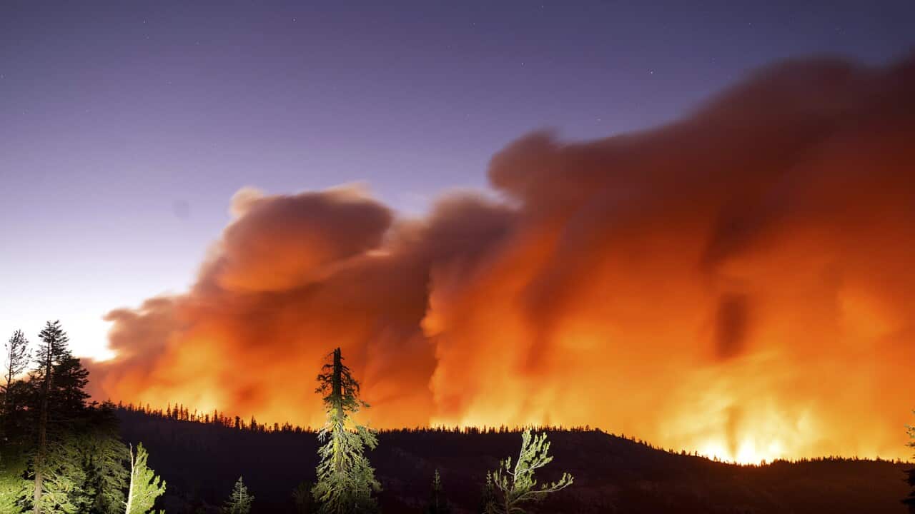 A fire burns in California.