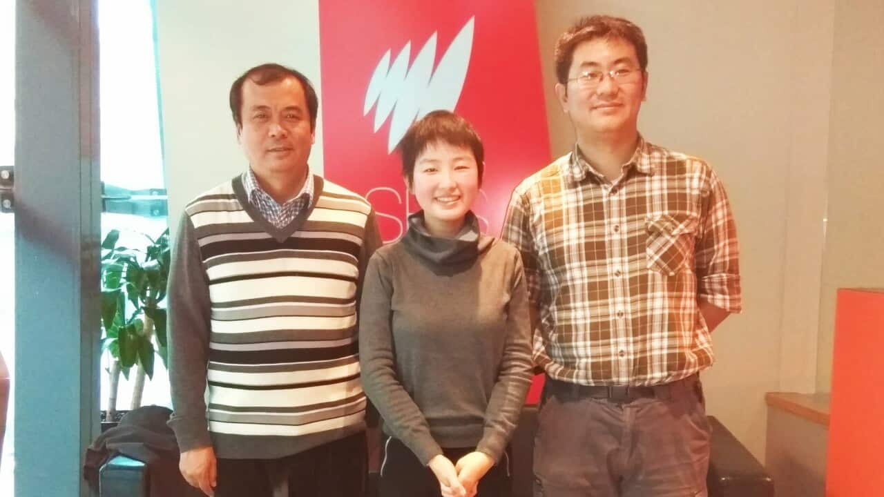 Two malaria experts, Prof. Jianwei Xu and Dr Gaoqian Feng, at SBS with Yin Wu.