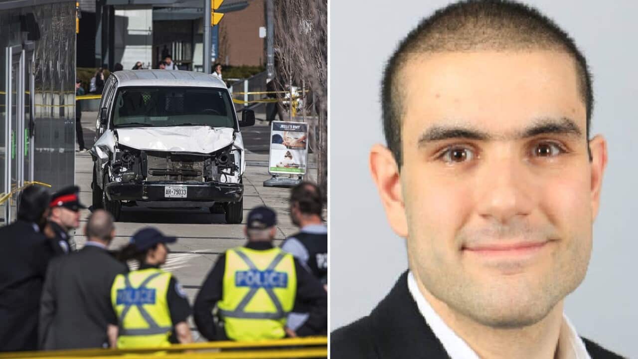 The damaged van in Toronto (left) and a Alek Minassian's reported LinkedIn profile (right).