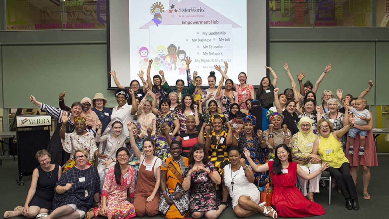 Ifrin Ficktock (3rd from left front row) and other Sister Works members at the launch of SCE program at Richmond Townhall, 21 Nov 2019.