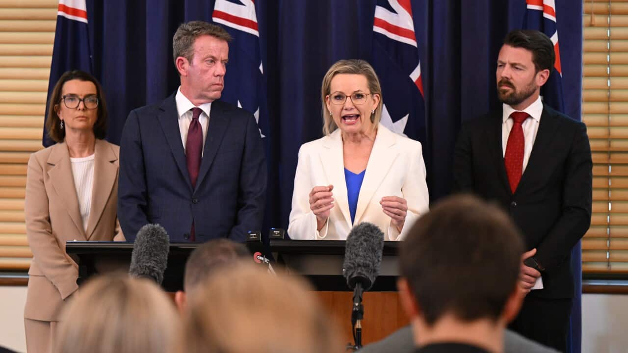 (L-R) Shadow Health Minister Anne Ruston, shadow minister for Energy Dan Tehan, Australian Opposition Leader Sussan Ley and shadow Home Affairs Minister Jonno Duniam speak to the media during a during a press conference at Parliament House in Canberra