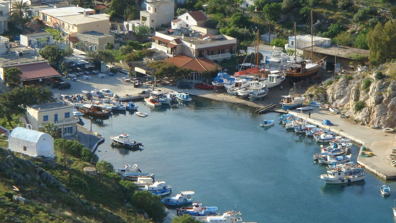 View of Rina, the small port of Vathys. Kalymnos island