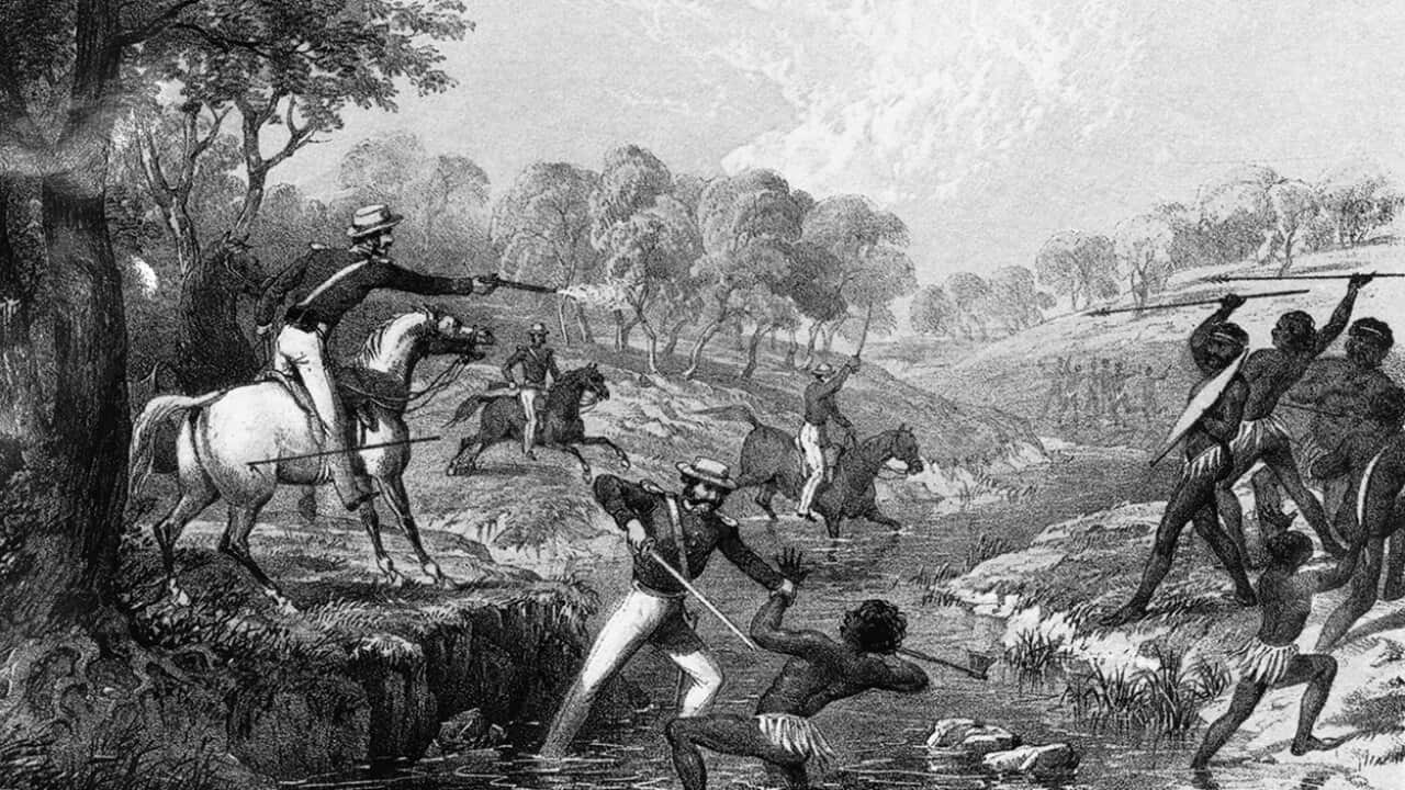 Mounted police engaging Indigenous Australians during the Slaughterhouse Creek clash of 1838