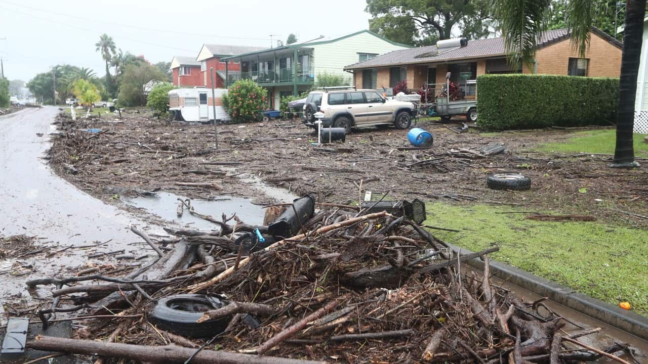 Floodwater debris is seen in Port Macquarie