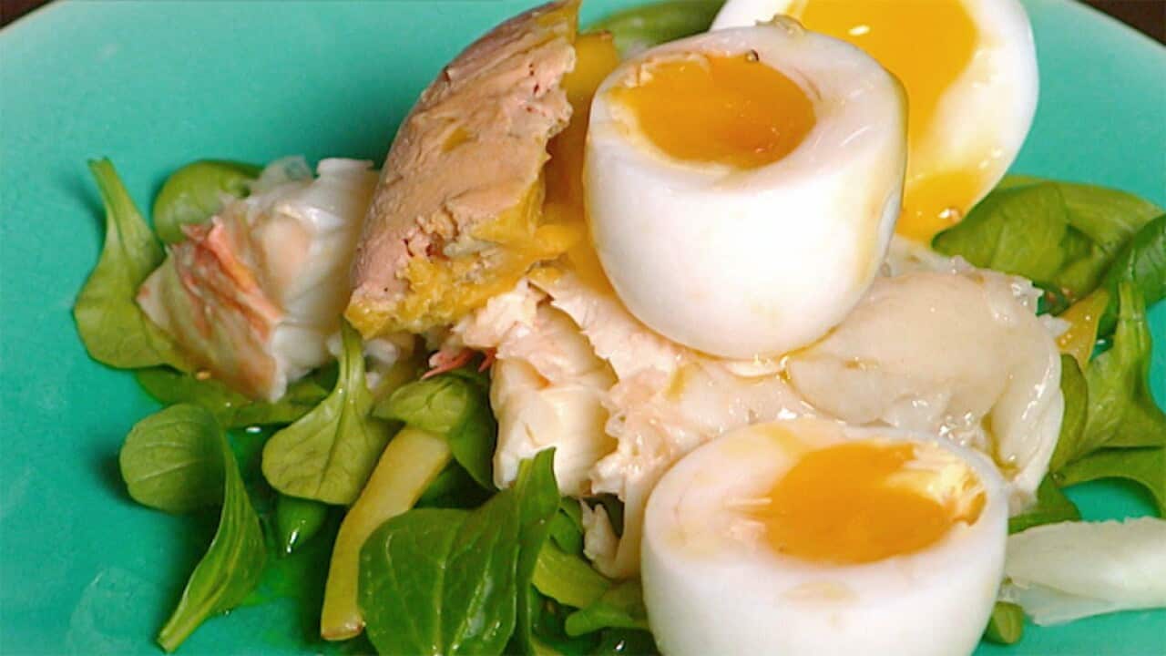 Salad of foie gras, lobster and soft-boiled duck eggs