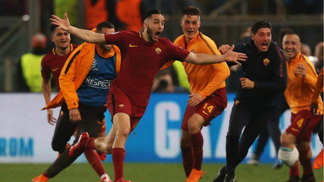 Kostas Manolas celebrates a goal for of AS Roma