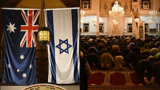 A split image. On the right are the Australian and Israeli flags hanging from a ceiling in a synagogue. On the right are Muslim worshippers praying at a mosque.