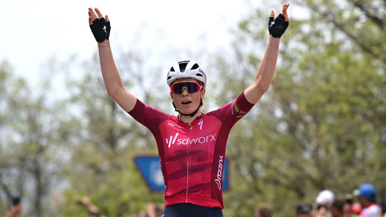 Demi Vollering of SD Worx celebrates her victory on Stage 5 of the Vuelta Femenina