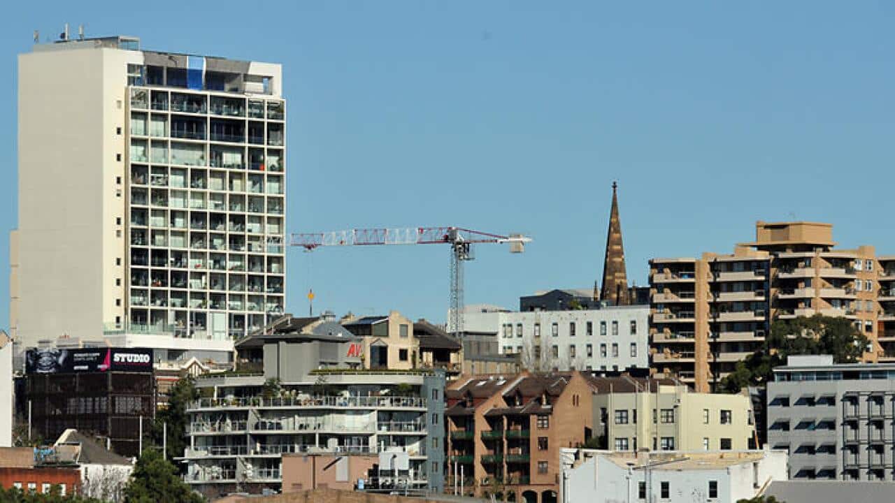 Residential and comercial buildings in Sydney, Monday, June 2, 2014. House prices have suffered their largest monthly fall in five years, with the federal budget a likely contributor. (AAP Image/Joel Carrett) NO ARCHIVING