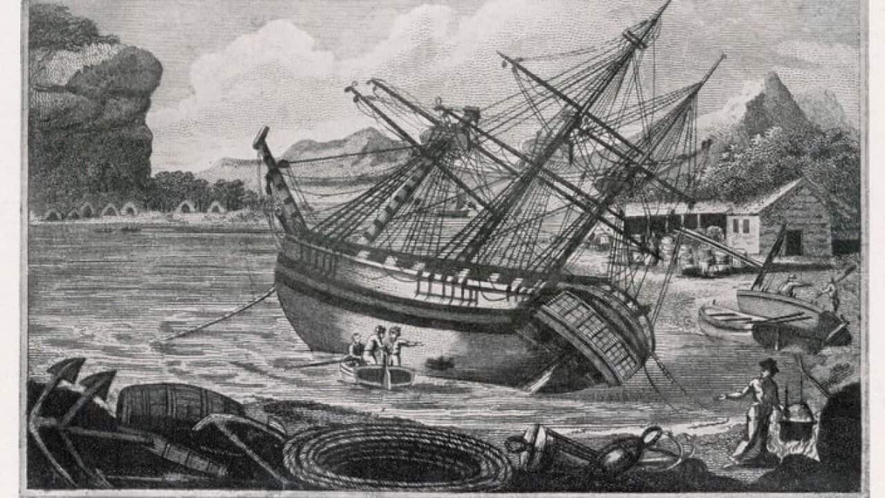 Repairs being carried out on Cook's ship the Endeavour.
