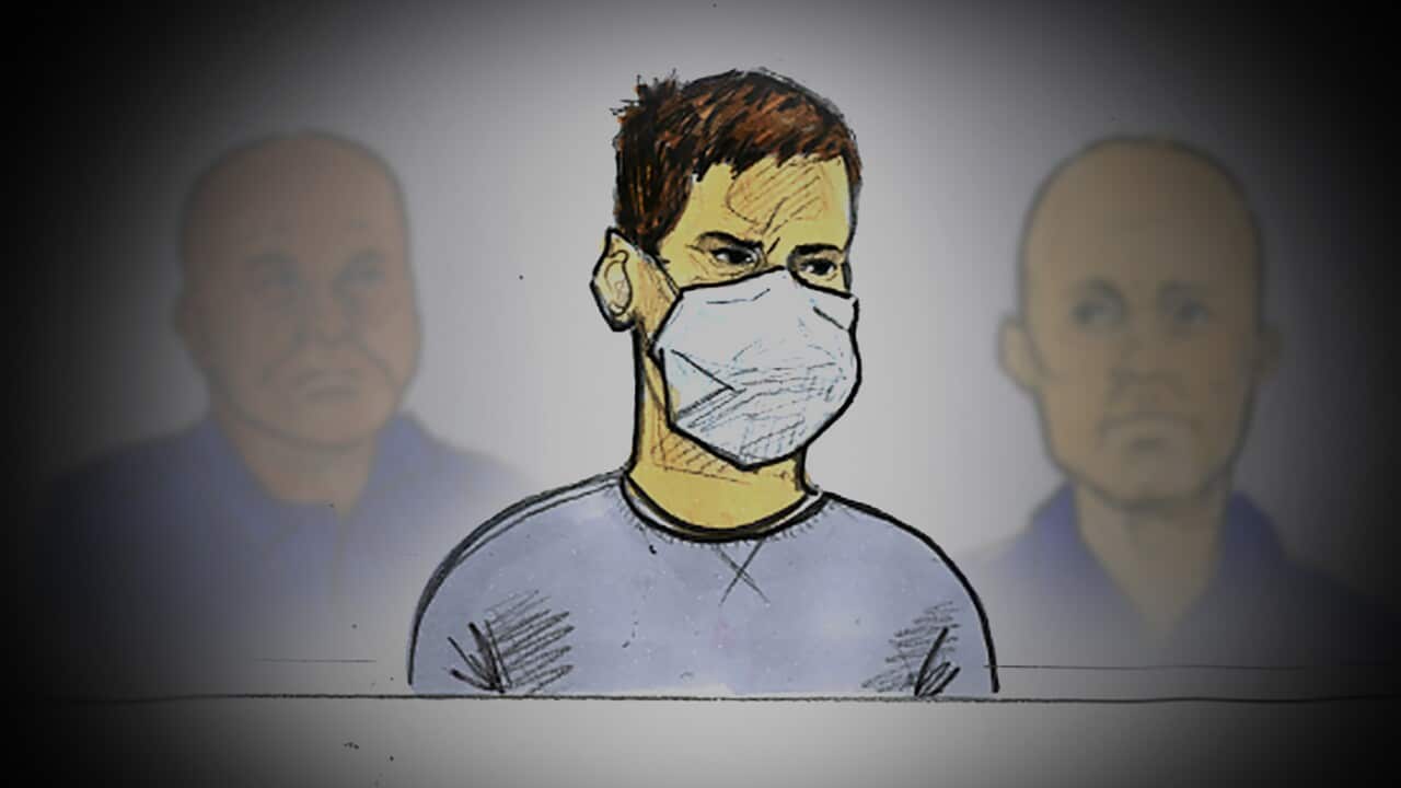 A court sketch of Richard Pusey during his bail hearing at Melbourne Magistrates Court in Melbourne.