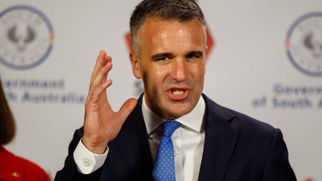 South Australia's Premier Peter Malinauskas gestures at a press conference.