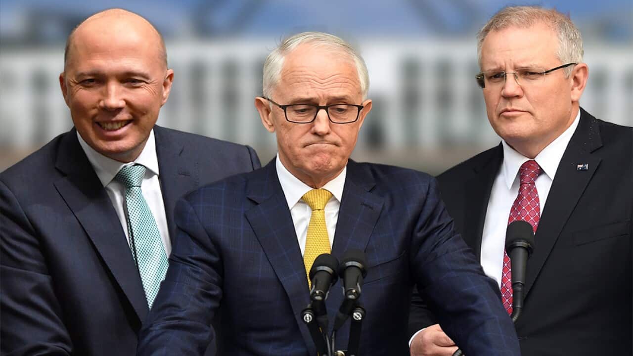Minister for Finance Mathias Cormann (left) and Australian Prime Minister Malcolm Turnbull (centre) and Federal Treasurer Scott Morrison.