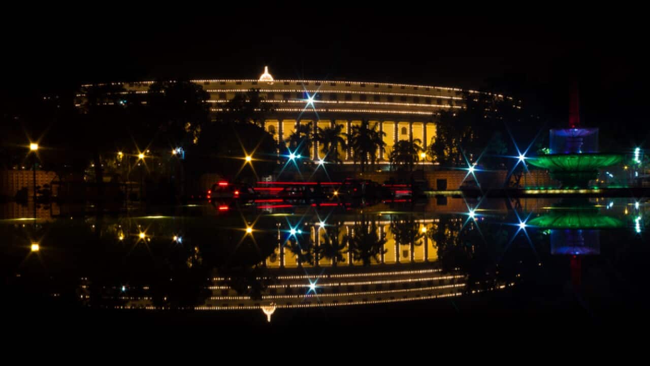 Illuminated parliament house at New Delhi, India.