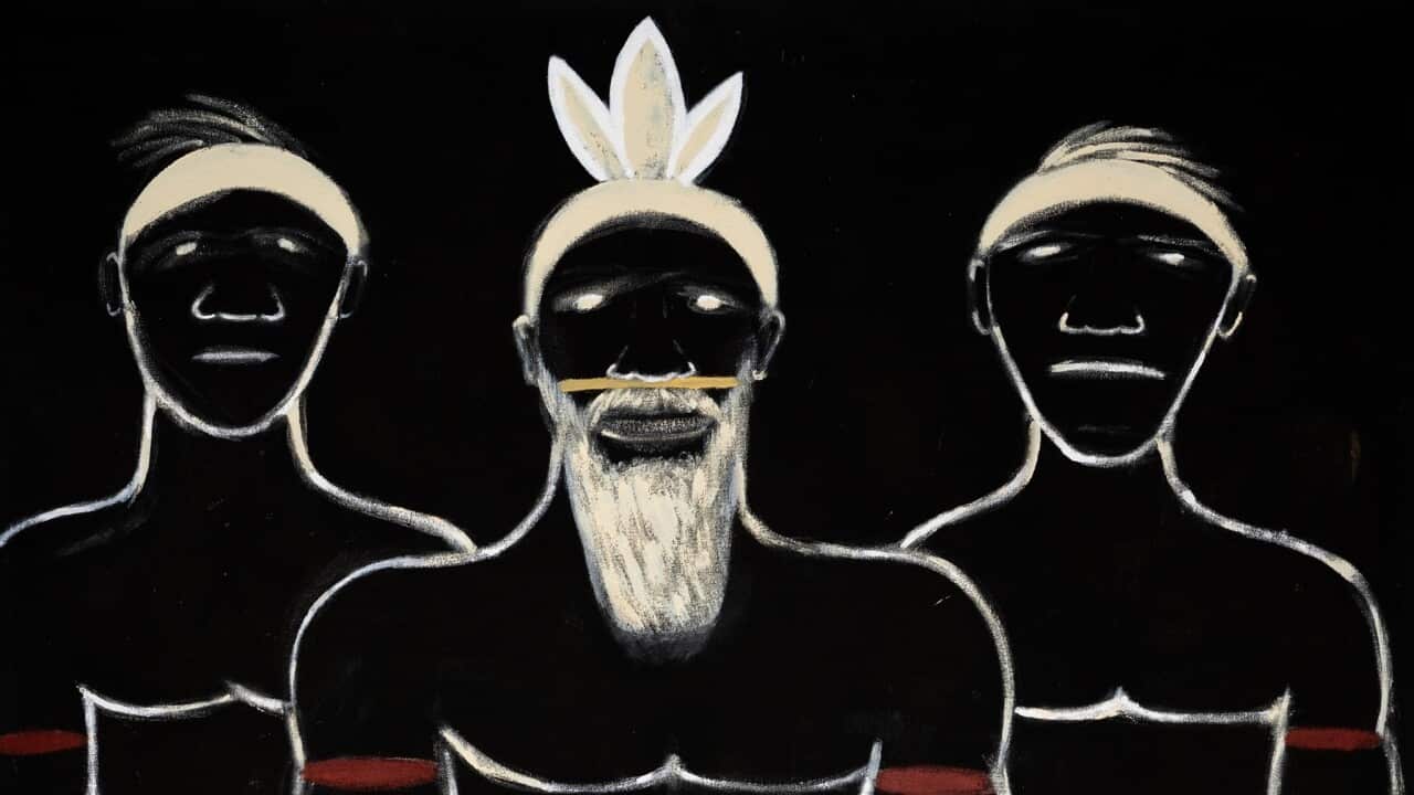 Image: Joseph Jungarrayi Williams, Warumungu people, Northern Territory, born 1978, Darwin, Northern Territory, The Telegraph Line, 2019, Tennant Creek, Northern Territory, synthetic polymer paint on cotton canvas, 91.0 x 61.0 cm; © Joseph Jungarrayi Will