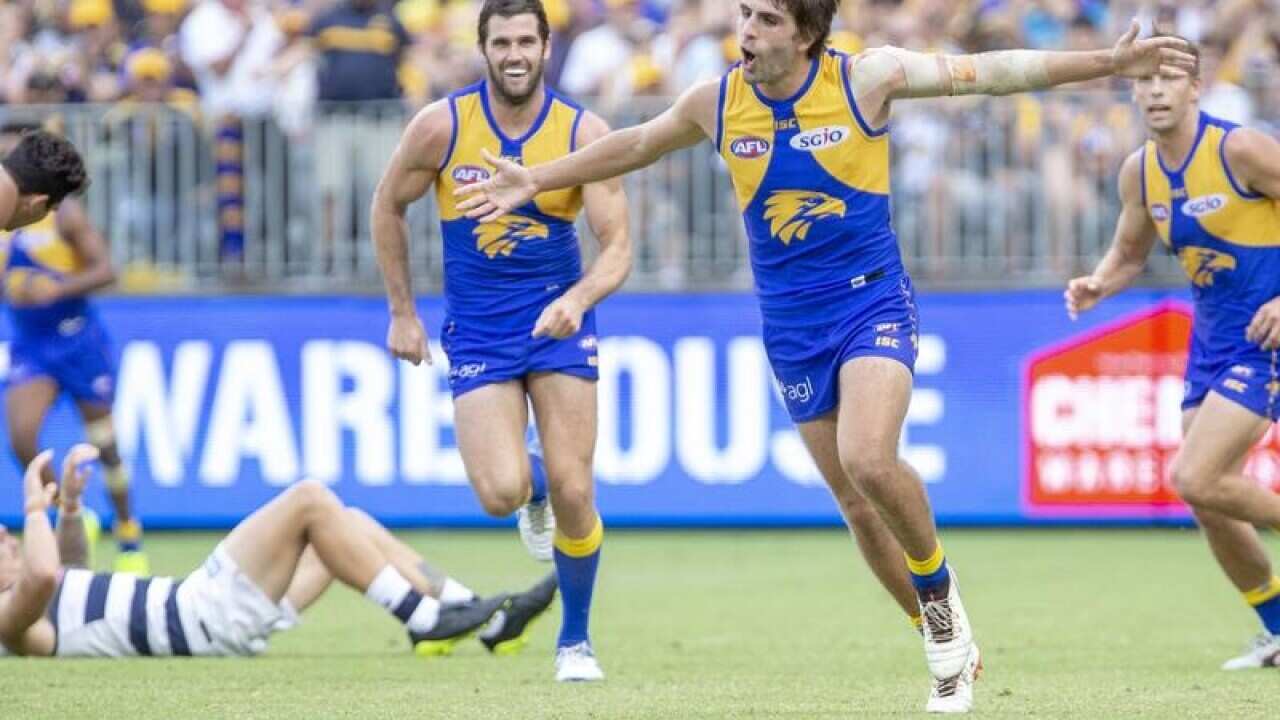 West Coast's Andrew Gaff celebrates a goal against Geelong