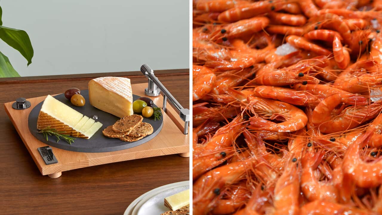 A composite image of a cheese platter and pile of cooked red prawns