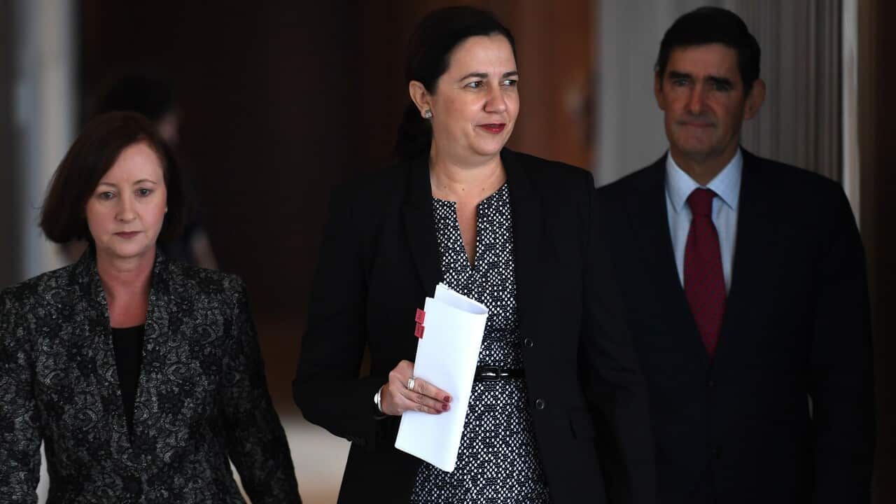 (L to R) Queensland Attorney-General Yvette D'Ath, Premier Annastacia Palaszczuk and Speaker of the Parliament Peter Wellington in Brisbane – FILE  23/2/2017.