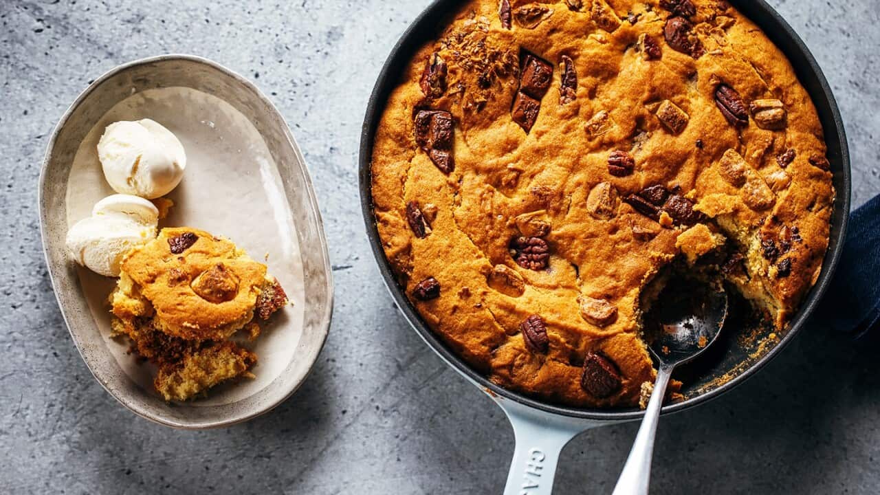 Double chocolate and pecan skillet cookie SBS The Cook Up with Adam Liaw