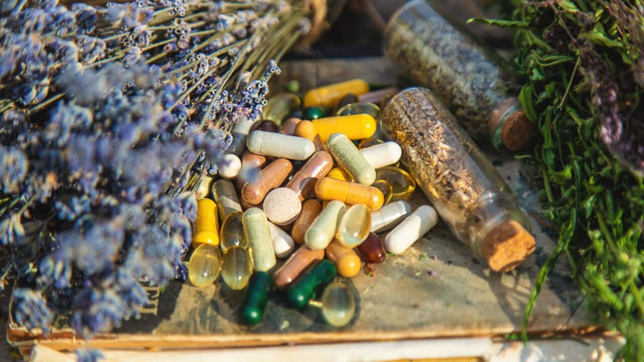 High angle view of pills on table