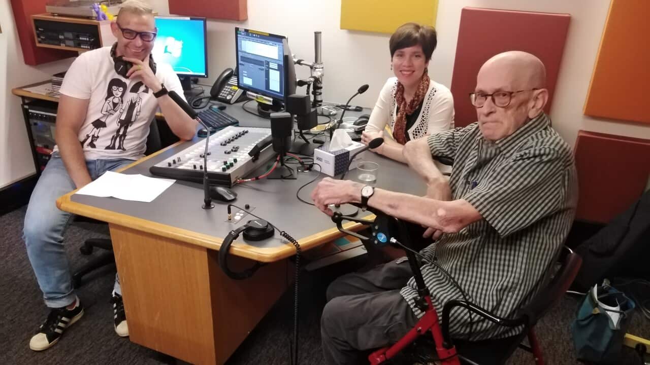 Dr Jane Ahlstrand (C) with her student (R) at an interview with ABC Radio Tamworth, 2019