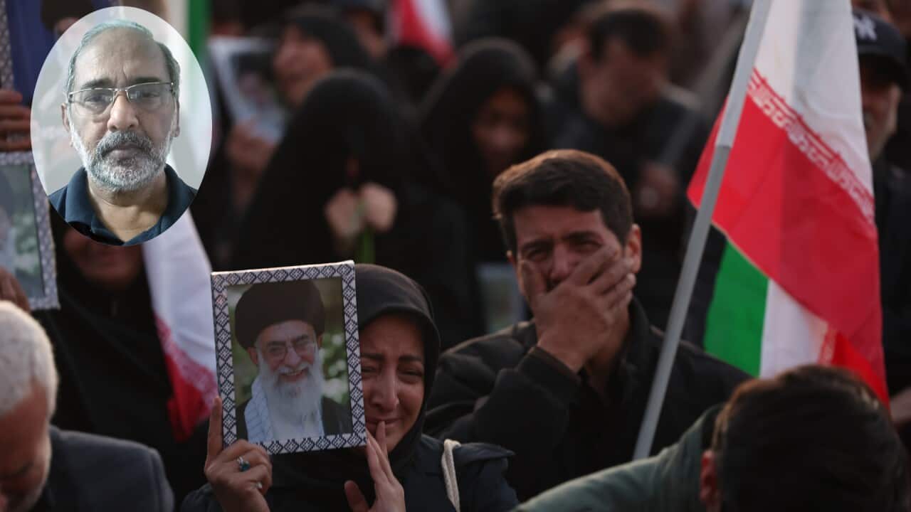 Mourners gather at Enqelab square in Tehran following death of Iranian Supreme Leader Ayatollah Ali Khamenei; Inset: L. Ramnarayan Iyer former Associate Editor or Arab News and former Executive Editor of Saudi Gazette in Jeddah, Saudi Arabia