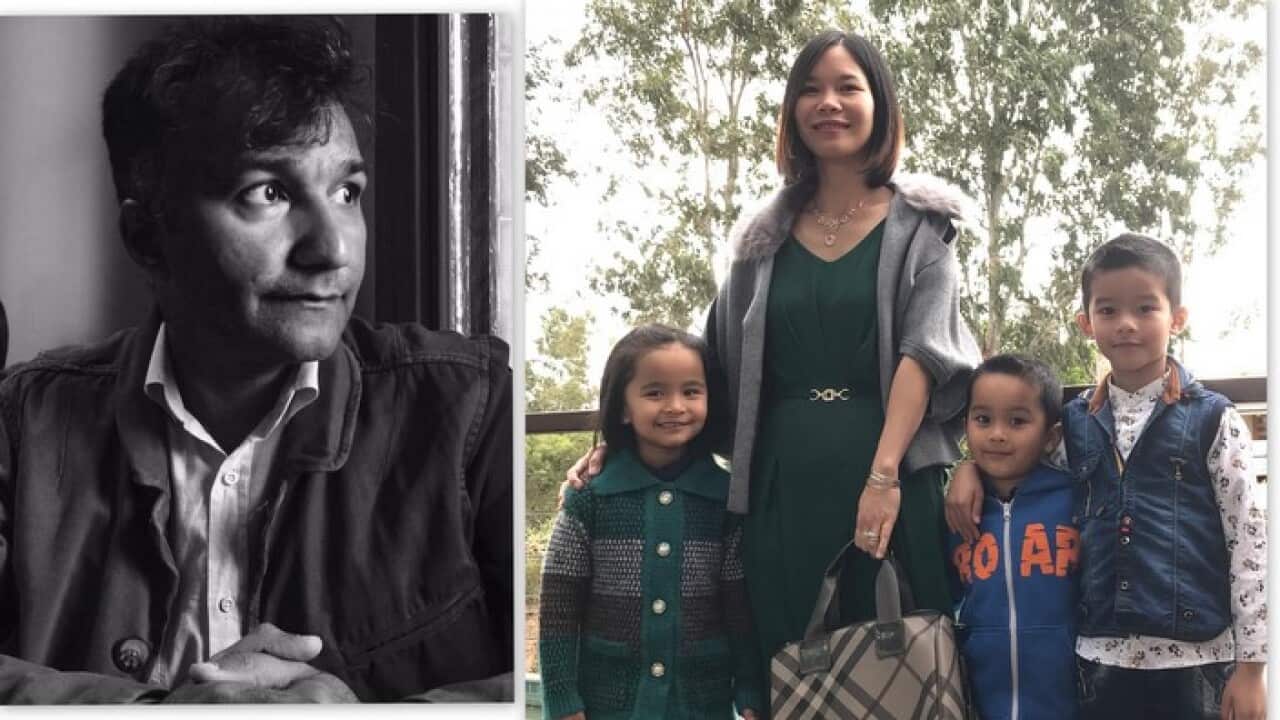 Biren Chheda and originally from Vietnam Linh Tran and her three children are learning Gujarati 