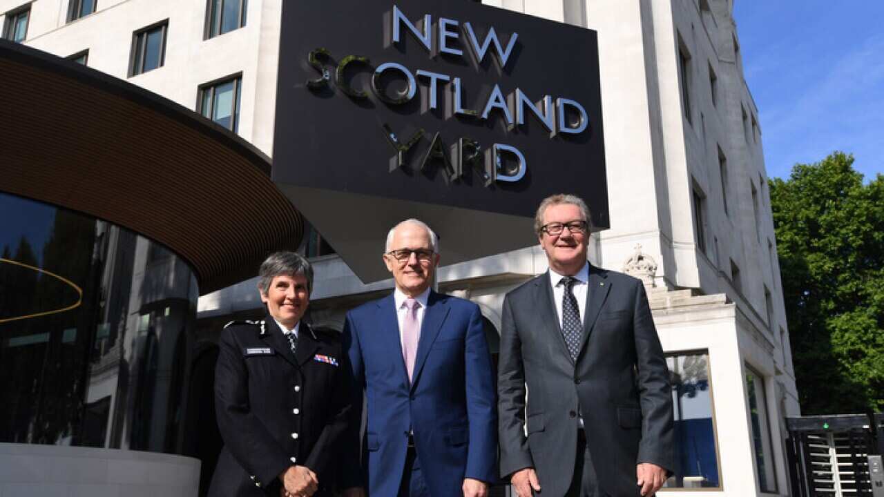 British Metropolitan Police Commissioner Cressida Dick, Australian Prime Minister Malcolm Turnbull and Australian High Commissioner to the United Kingdom Alexander Downer 
