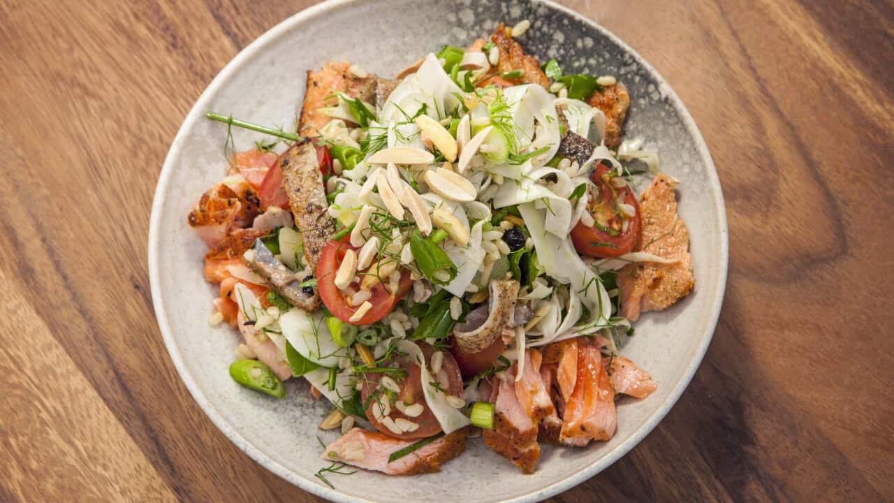 Ocean trout salad sits in a modern pottery bowl.