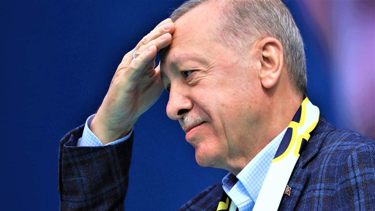Turkish President and People's Alliance's presidential candidate Recep Tayyip Erdogan gestures as he gives a speech during an election campaign rally in Ankara, Sunday, April 30, 2023. (AP Photo/Ali Unal)