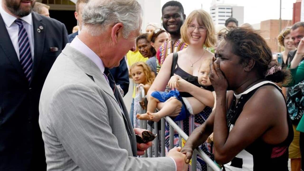 Prince Charles meets Elizabeth Kulla Kulla after church in Cairns.