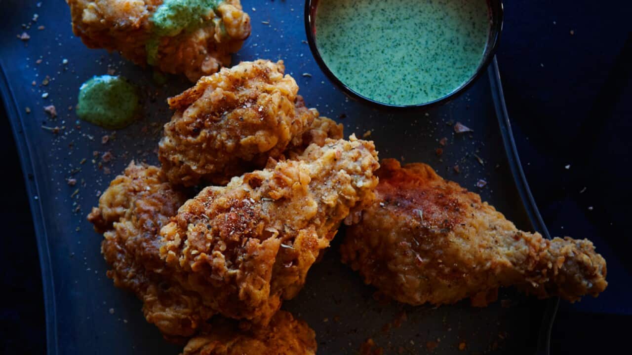 Cajun fried chicken with a green chilli and coriander dressing