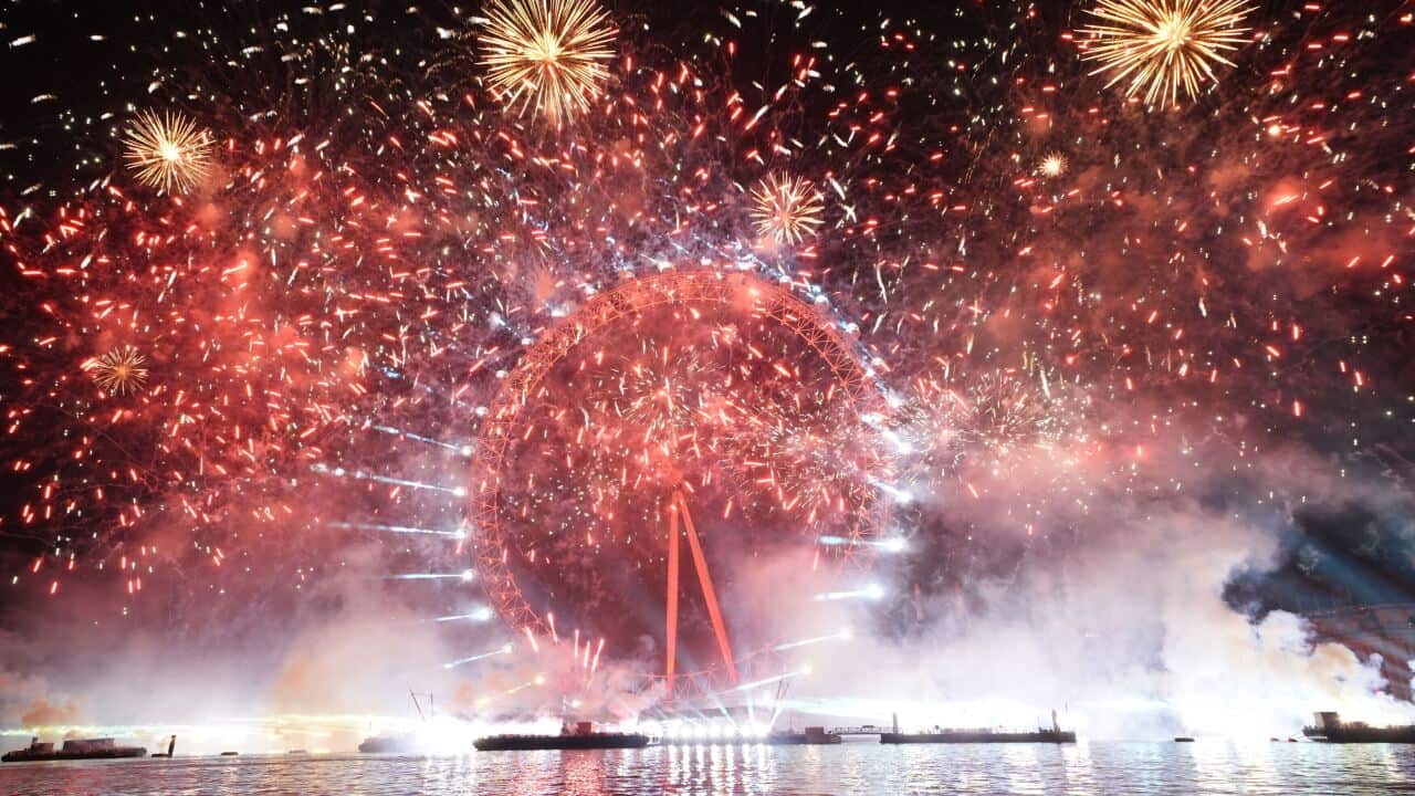 Fireworks exploding over the London Eye
