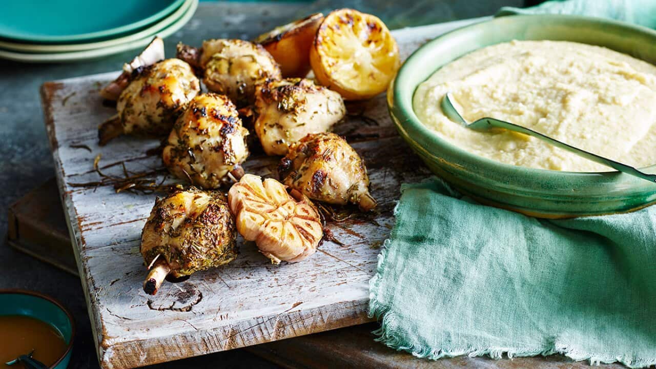 Garlic chicken lovely legs on soft polenta