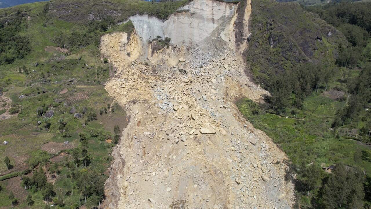 Drone footage shows the landslide in Yambali village (AAP)