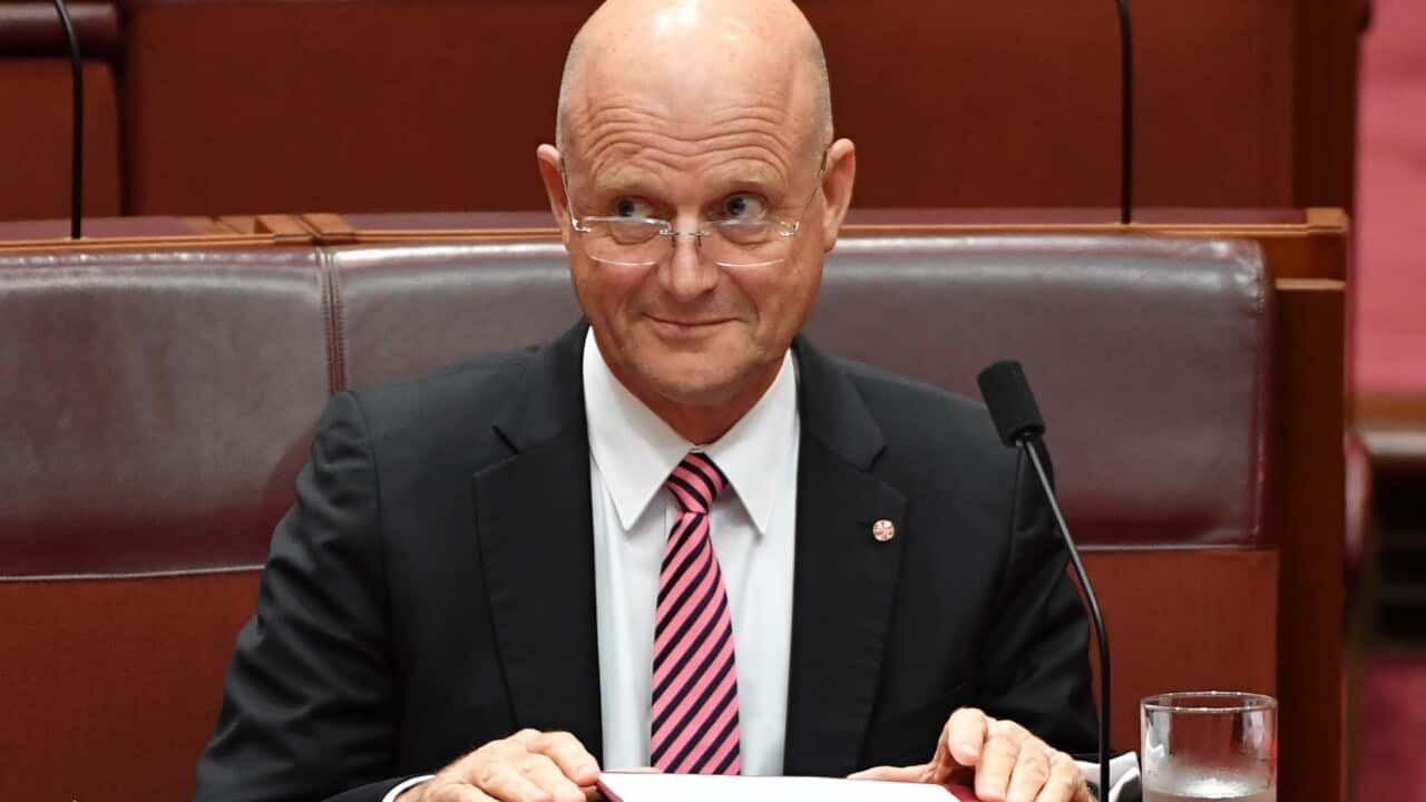 Liberal Democratic Party Senator David Leyonhjelm arrives at the Senate entrance at Parliament House in Canberra, Tuesday, Feb. 7, 2017.