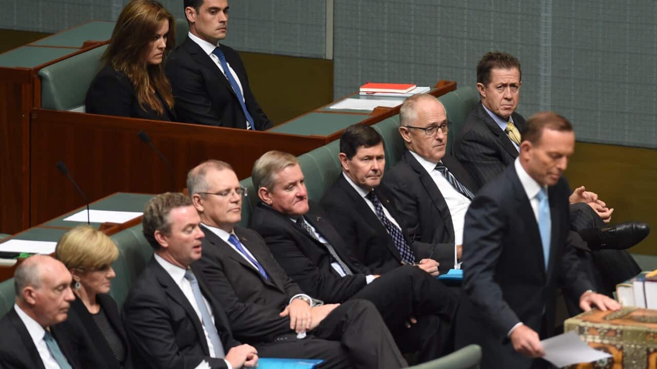 Prime Minister Tony Abbott's advisor Peta Credlin (top left) is seen during a condolence motion for the death of former prime minister Malcolm Fraser in the House of Representatives at Parliament House in Canberra, Monday, March 23, 2015. (AAP Image/Mick 