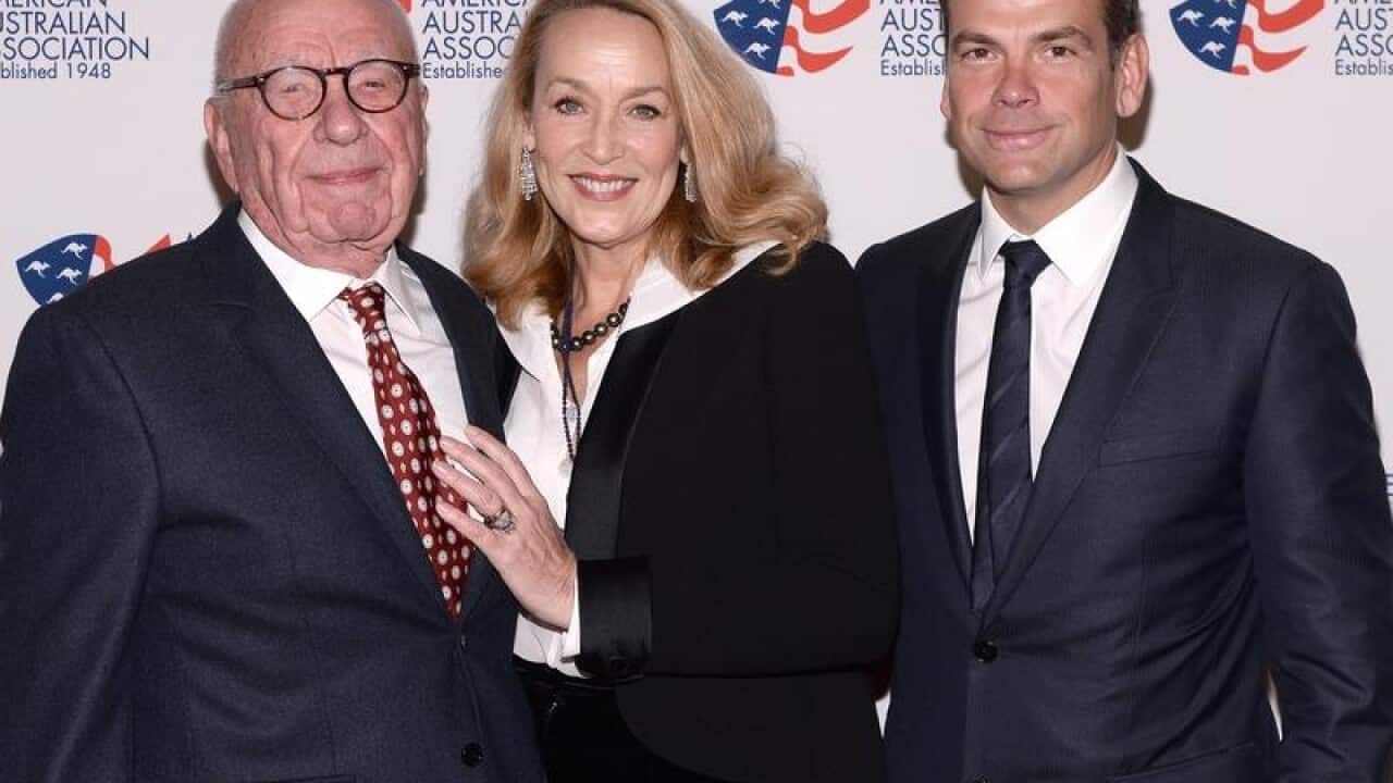 A file image of Rupert Murdoch, Jerry Hall and Lachlan Murdoch