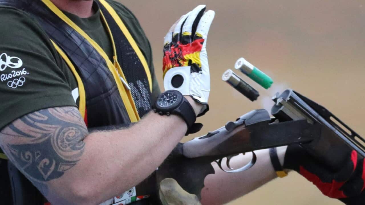 Andreas Loew of Germany during the Men's Double Trap event in Rio