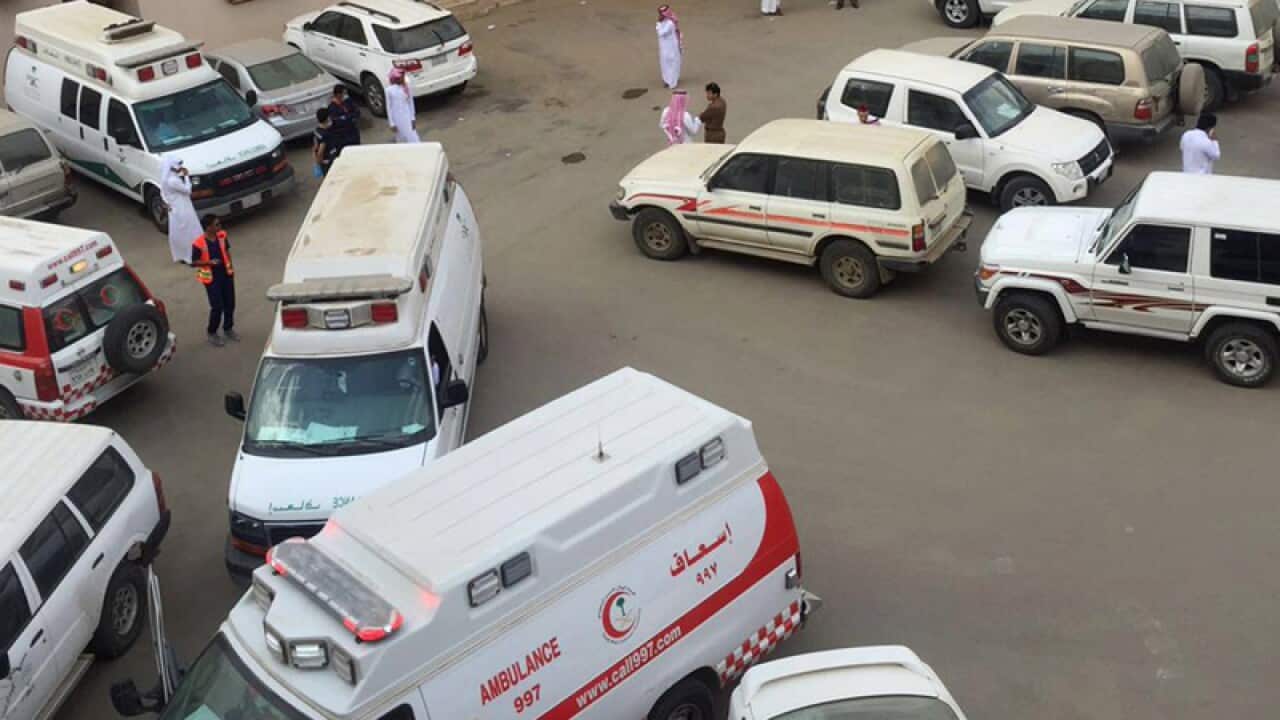 Ambulances outside of the Ministry of Education office, Jazan