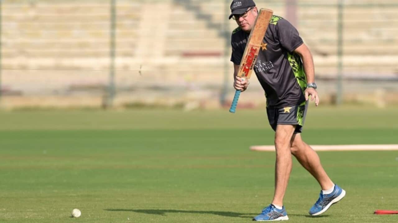 Cricket Coach Mark Coles at a practice session in Karachi.