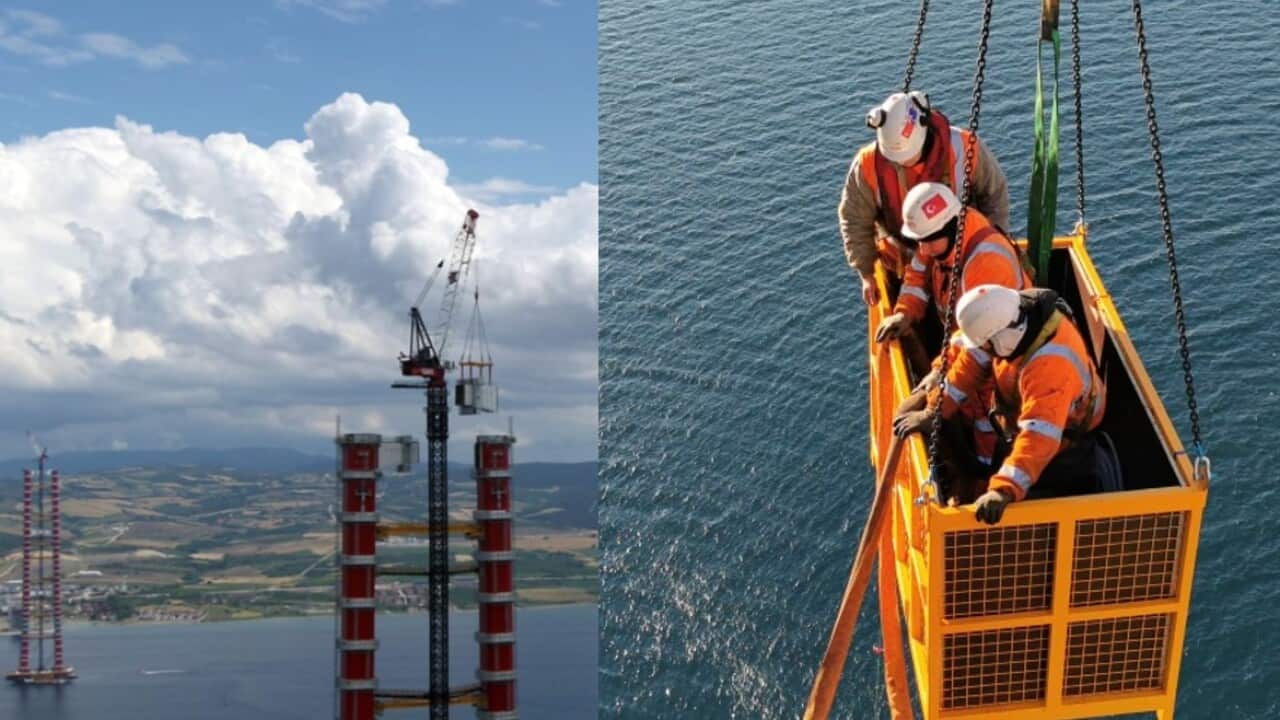 Engineers from an Australian crane company working on the construction of the world's longest suspension bridge in Turkey. Source: The Men from Marr's