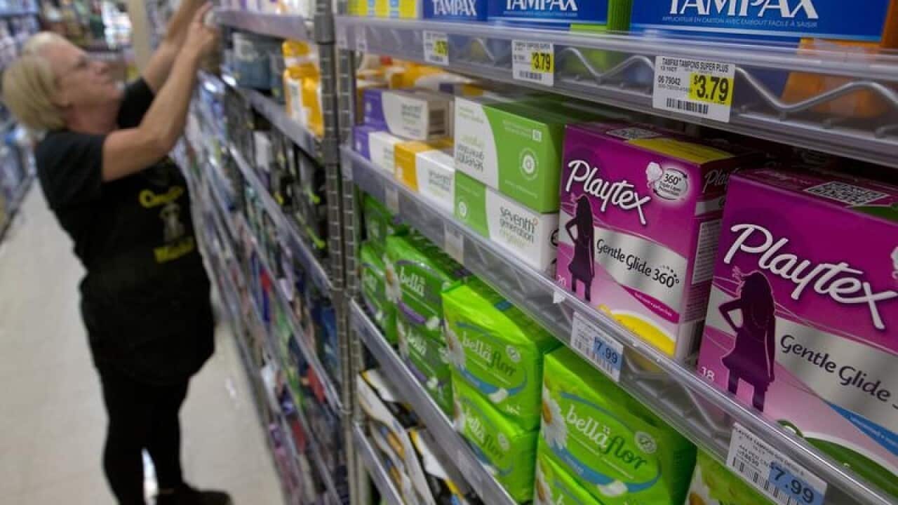 Feminine hygiene products in a shop.