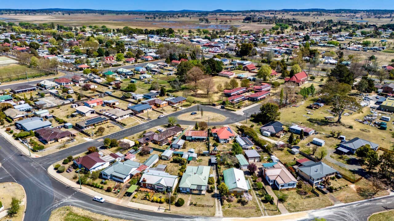 An aerial view of a town.