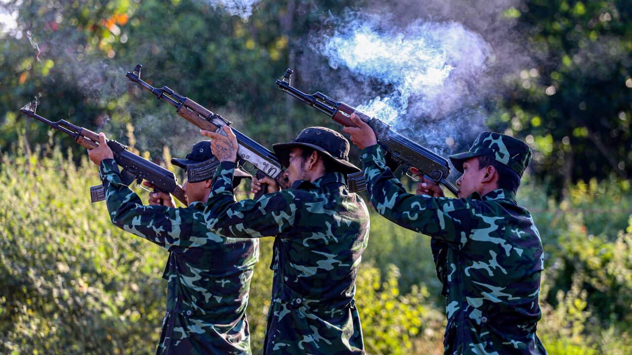 Members of the People's Defence forces from the 101 Company during military training at the forest of Kayin State. The People's Defence force (PDF) is the armed wing of Myanmar's National Unity Government.