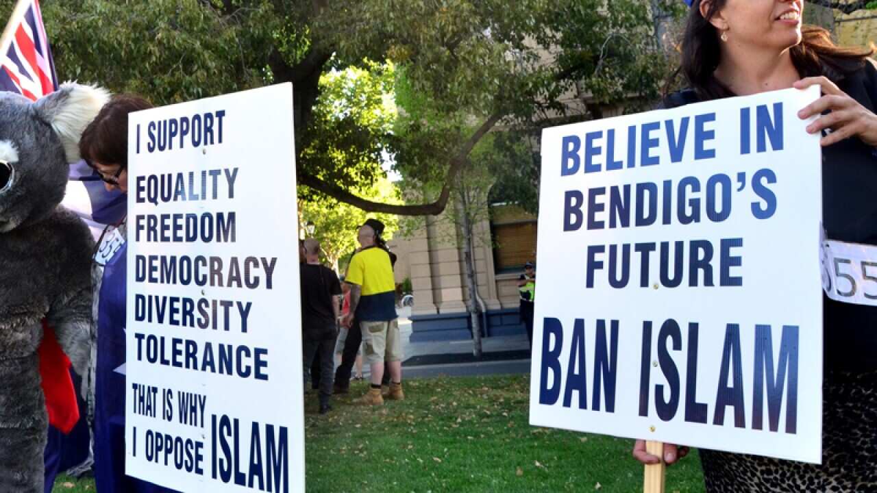 Opponents of a proposed mosque outside the Bendigo town hall