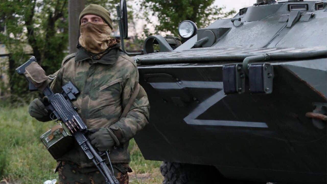 A Russian soldier in Mariupol, Ukraine.